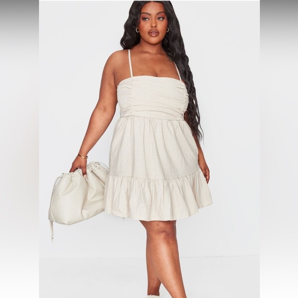PLT NWT LINEN RUCHED BUST TIERED MINI DRESS - Picture 2 of 6